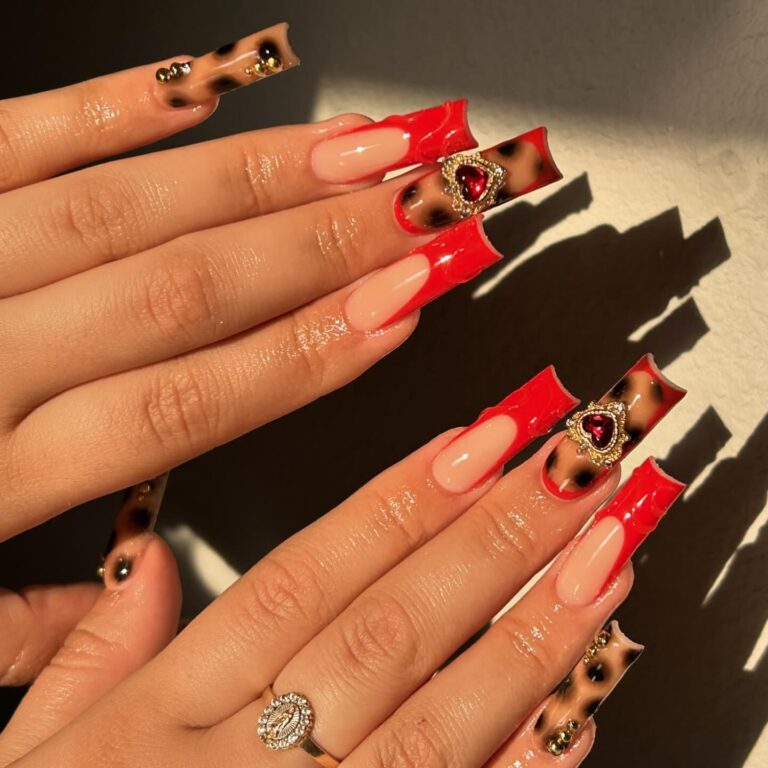 Bold Red and Leopard Print Nails