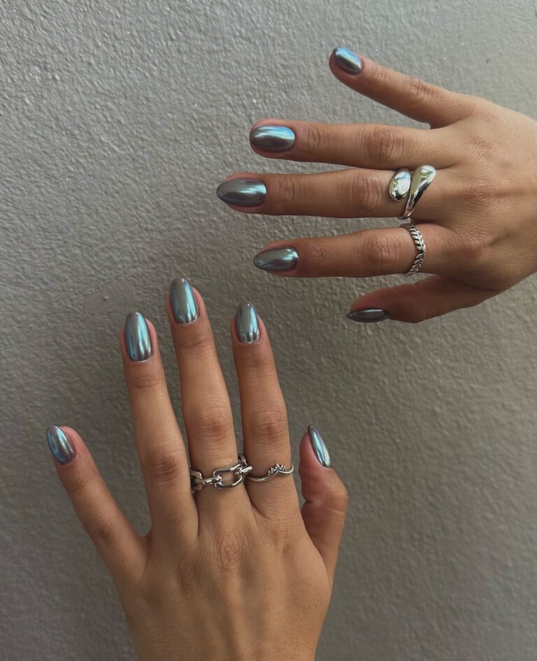 Sleek Silver Almond Nails