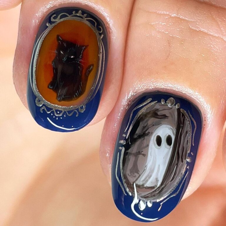 Spooky Cat and Ghost Nail Art