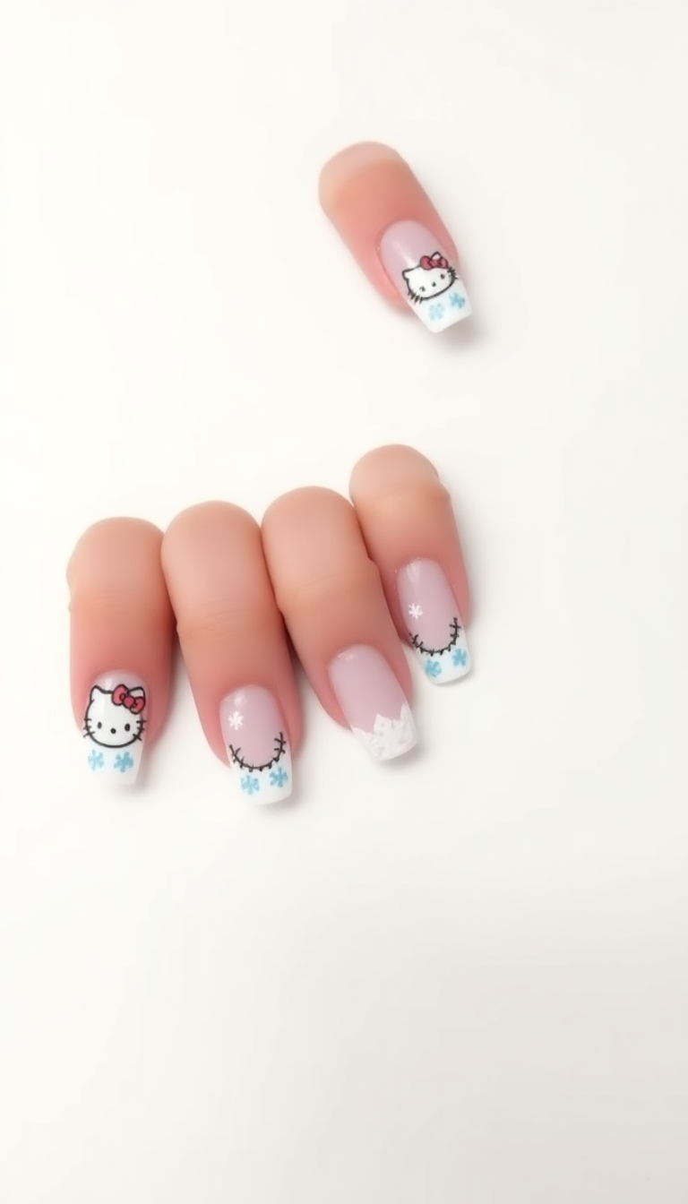 14. Chic Hello Kitty French Tip with a Winter Twist