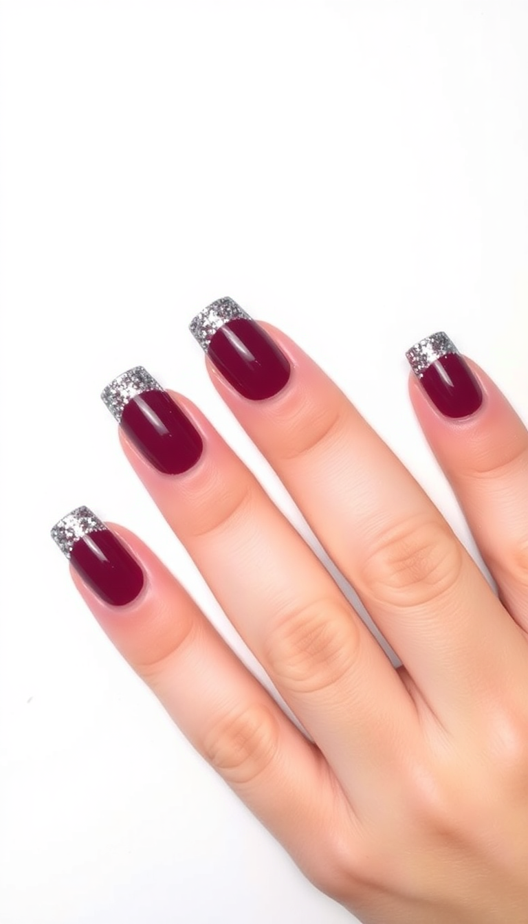 14. Elegant Plum with Glitter Tips