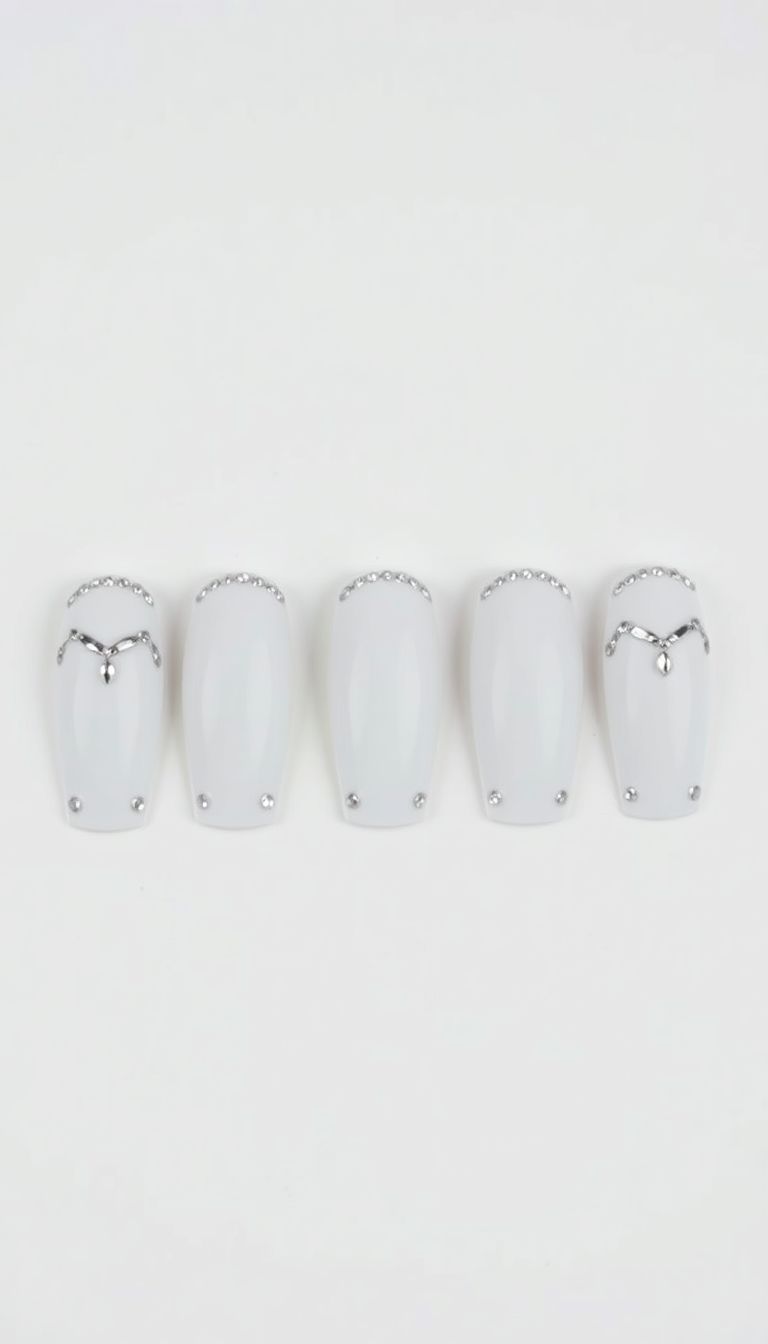 14. White Gel Nails with Rhinestone Embellishments