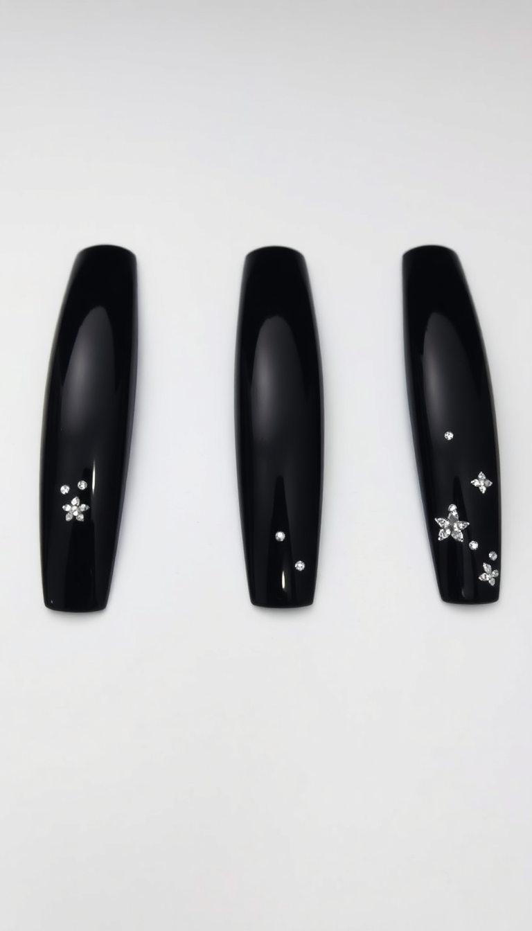 16. Black Nails with Crystal Embellishments