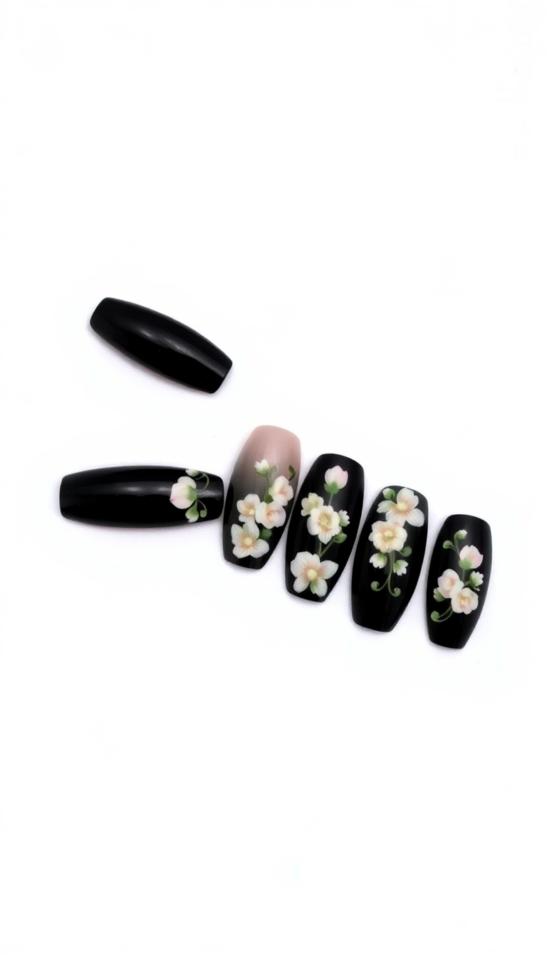 5. Black Tips with Floral Designs