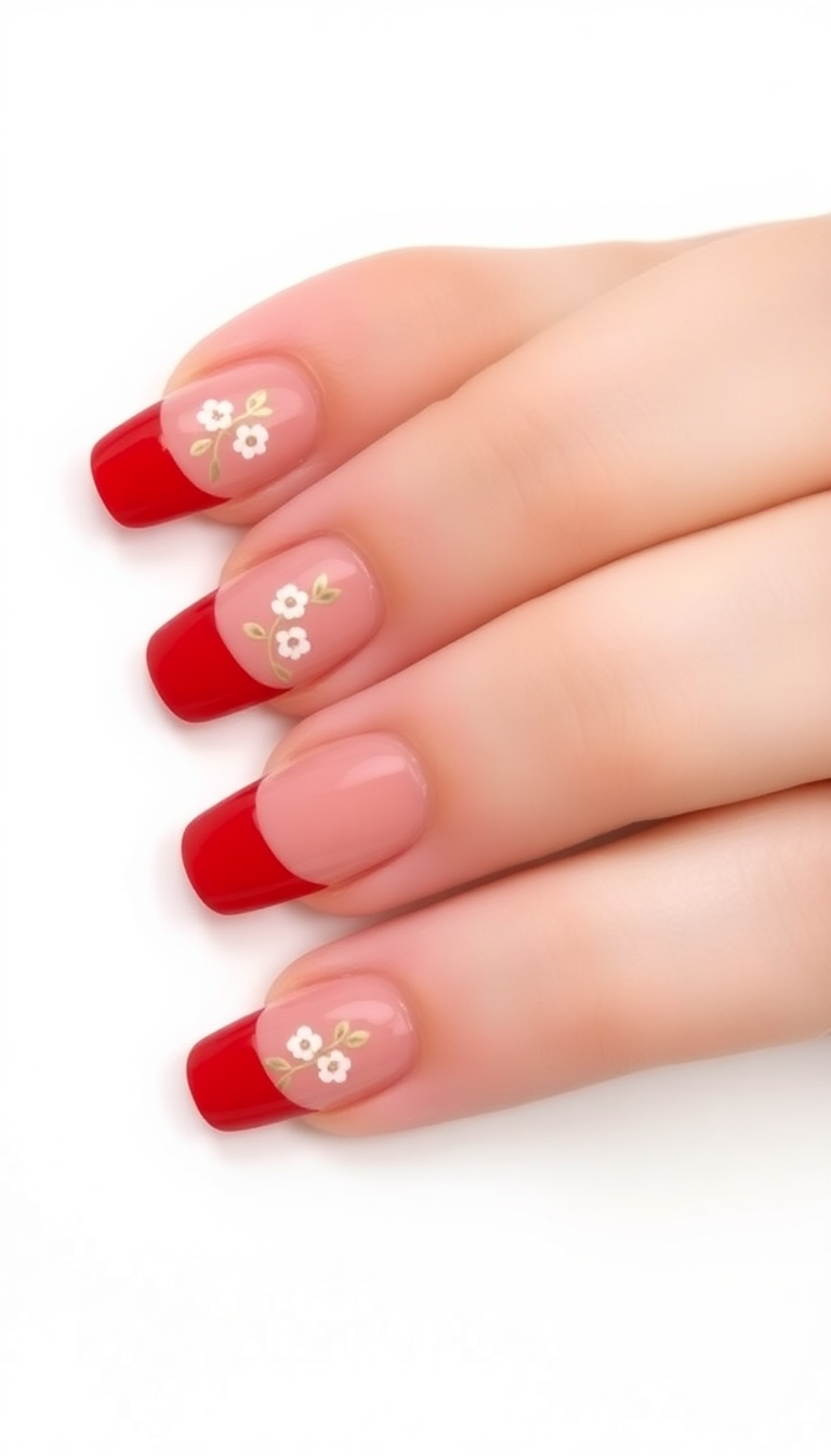 8. Red French with Floral Accents