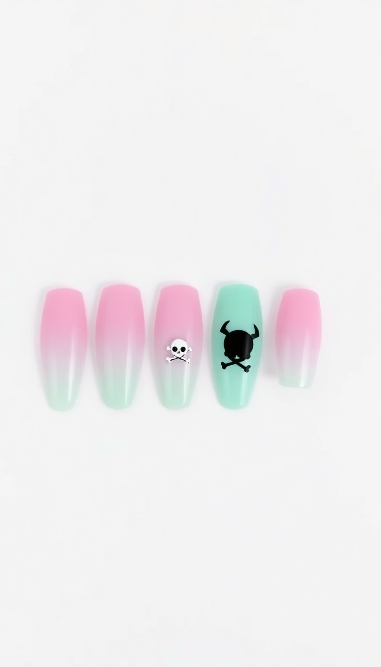 Gradient Nails with Skull and Bat