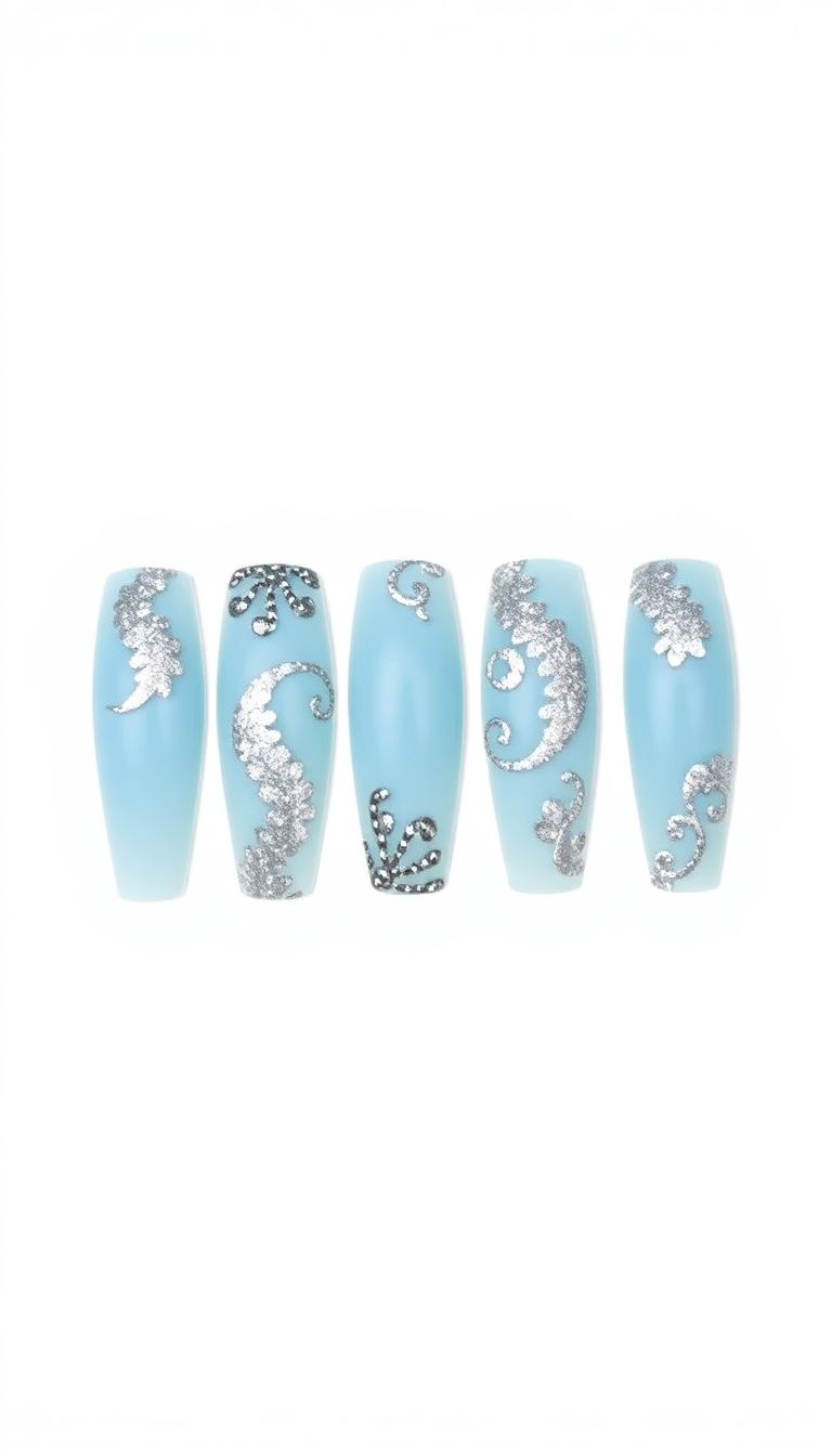 Blue Nails with Silver Patterns