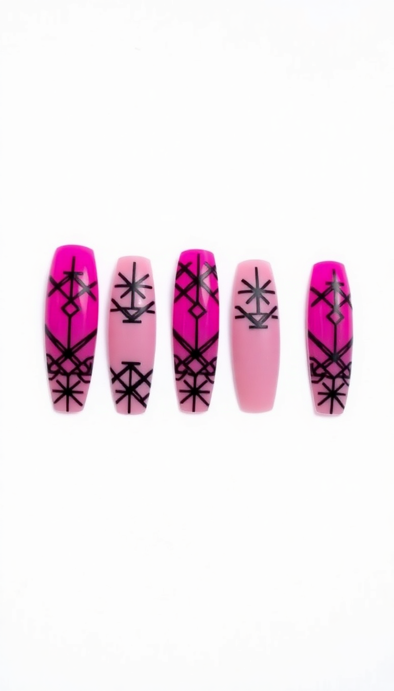 11. Vibrant Pink with Black Geometric Patterns