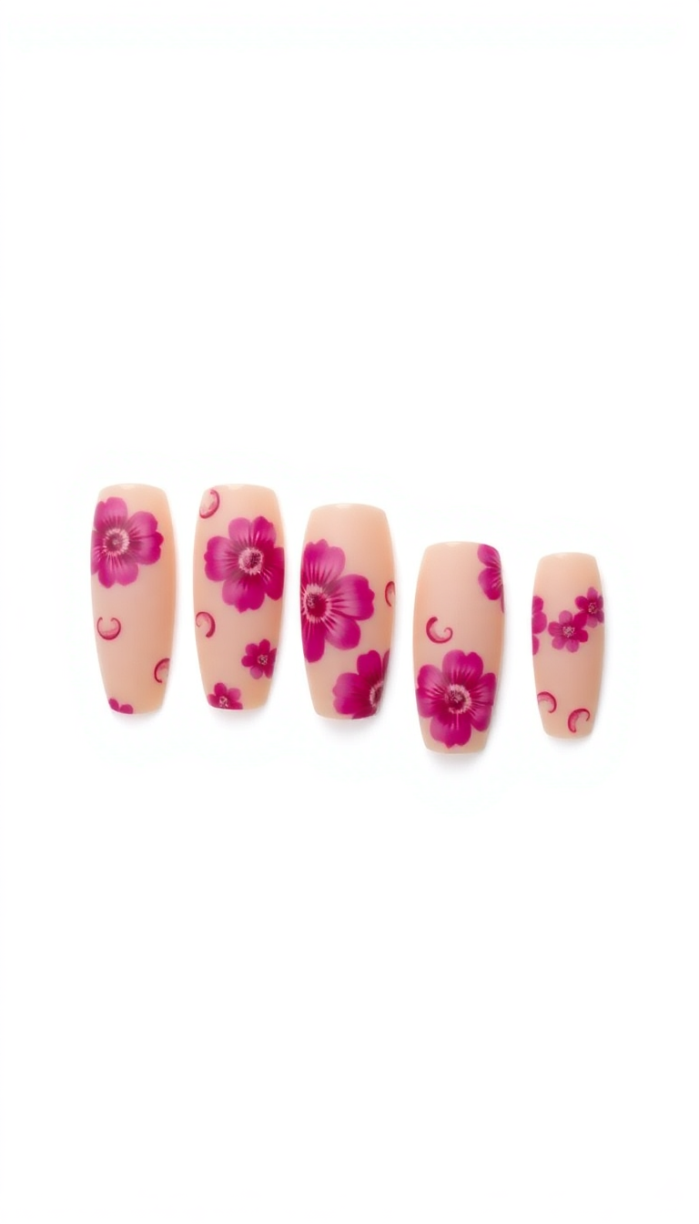 7. Bright Fuchsia Flora on Nude Nails