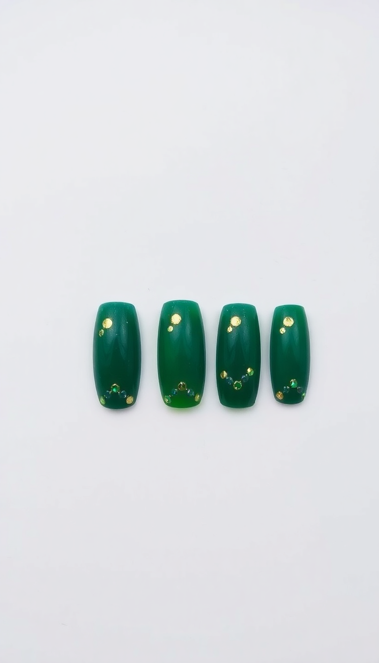 Green Nails with Gold Dots