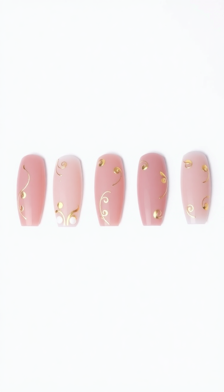 Pink Nails with Gold Swirls