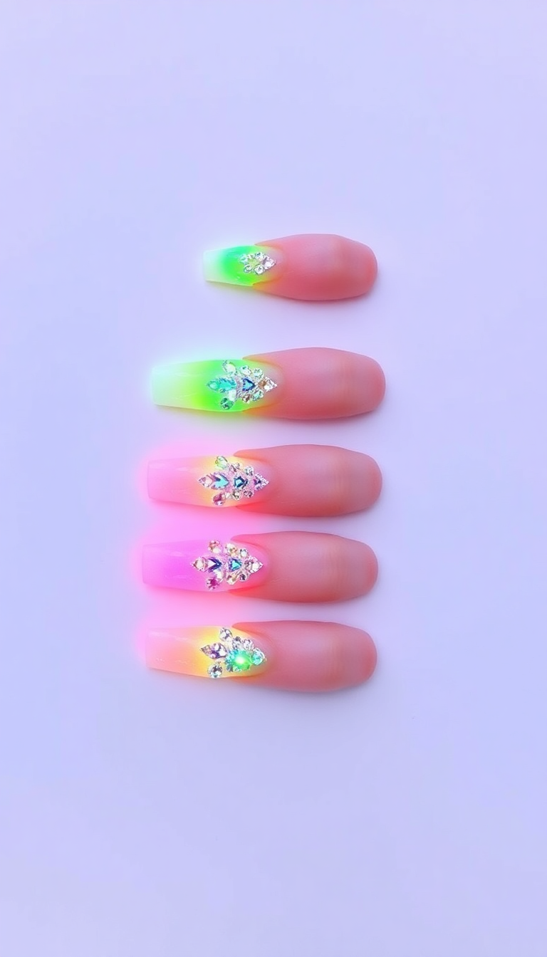 14. Neon Glow with Reflective Crystals