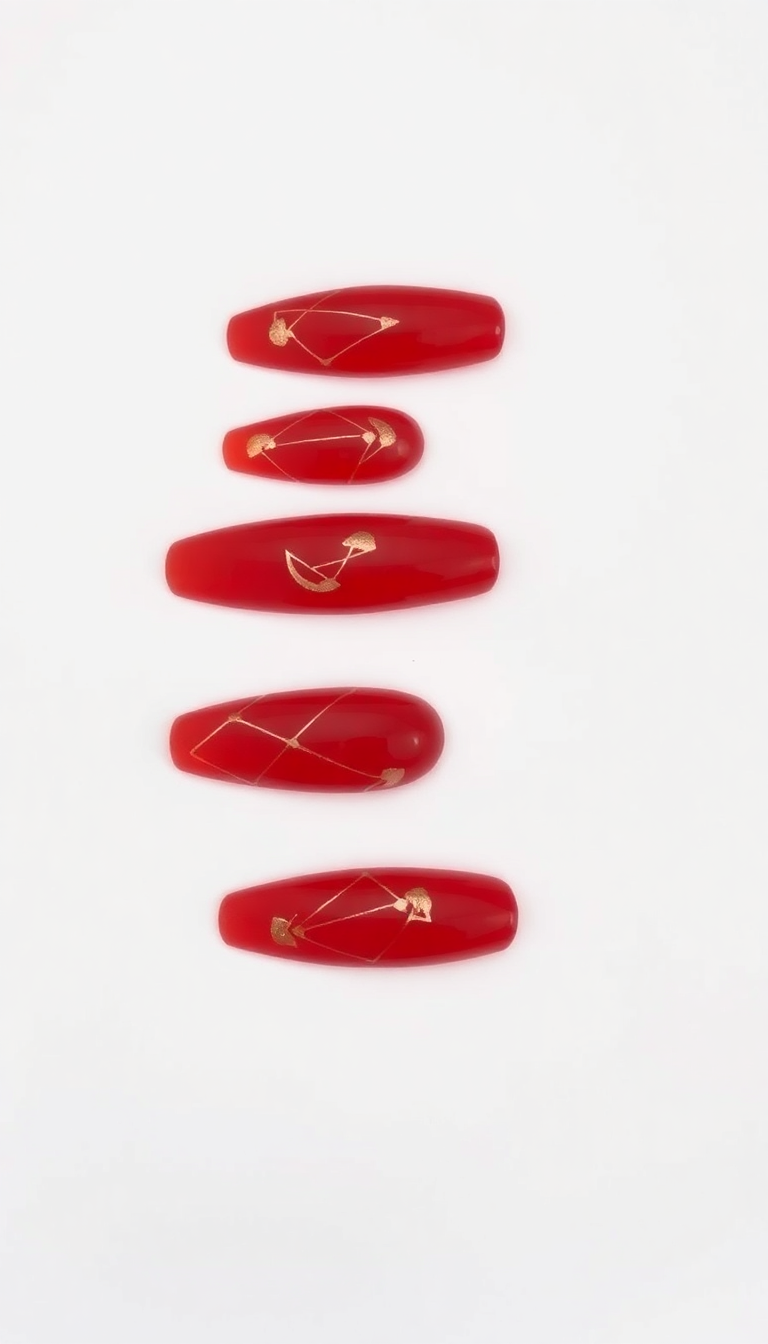 Red Nails with Gold Designs