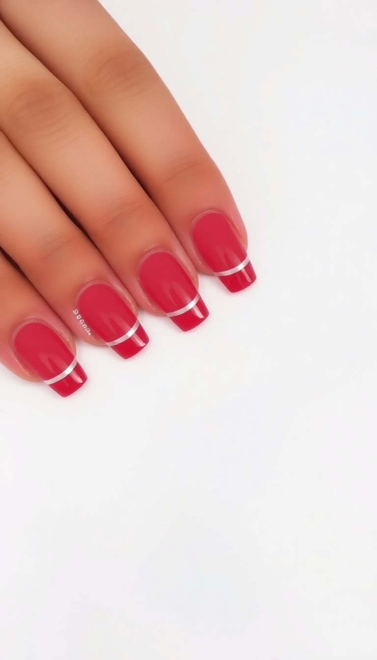 10. Red French Tips with Silver Stripes