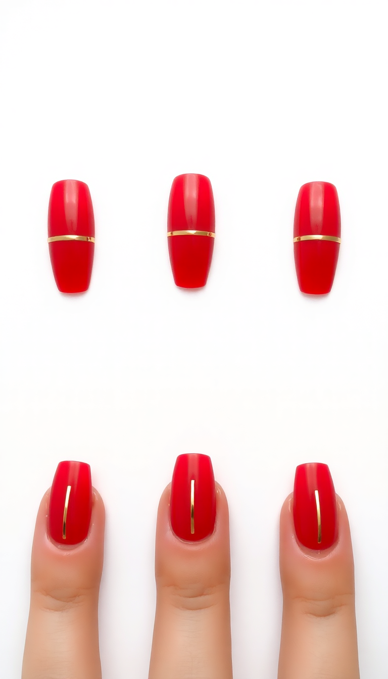 13. Minimalist Red Nails with a Single Gold Band