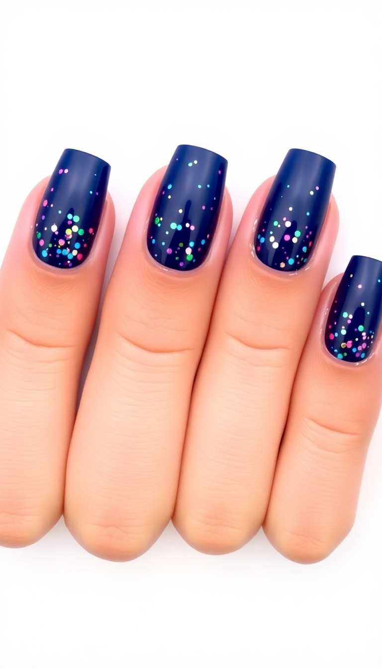 18. Dark Blue Jelly Nails with Confetti