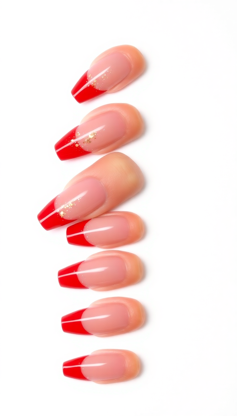 7. Red French Tips with Gold Flakes