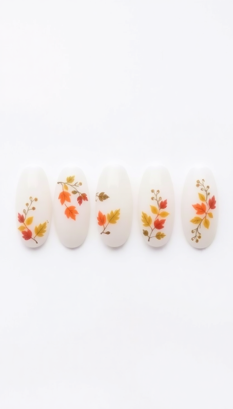 9. White Almond Nails with Fall Floral Art