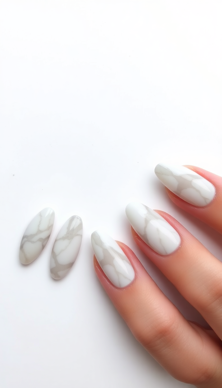7. Elegant Marble Effect on Almond Nails