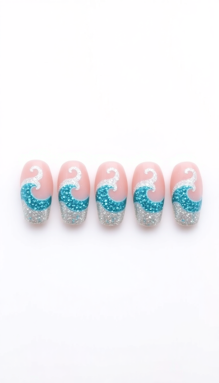 8. Glittering Beach Waves Nails