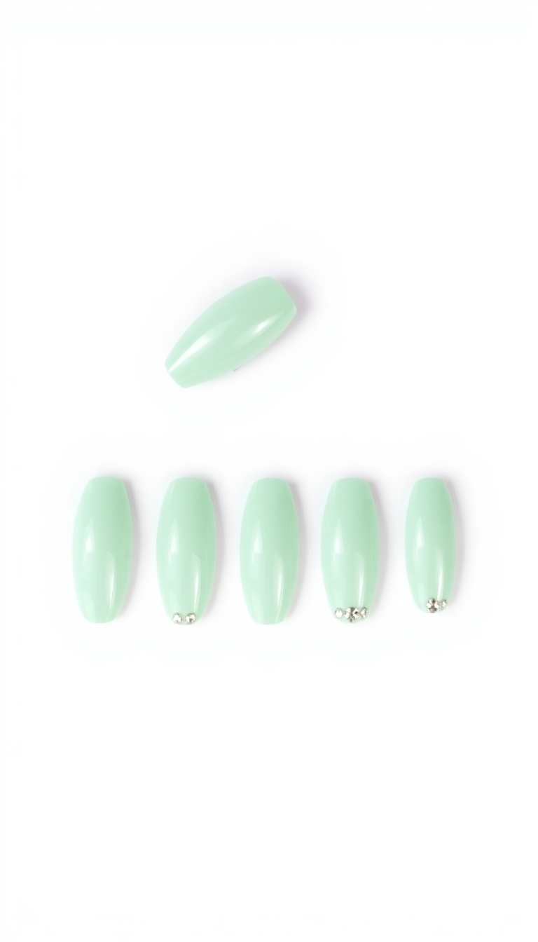 14. Mint Nails with Rhinestone Embellishments